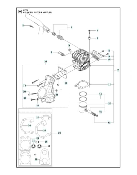 Husqvarna K770 - Cylinder, Piston & Muffler