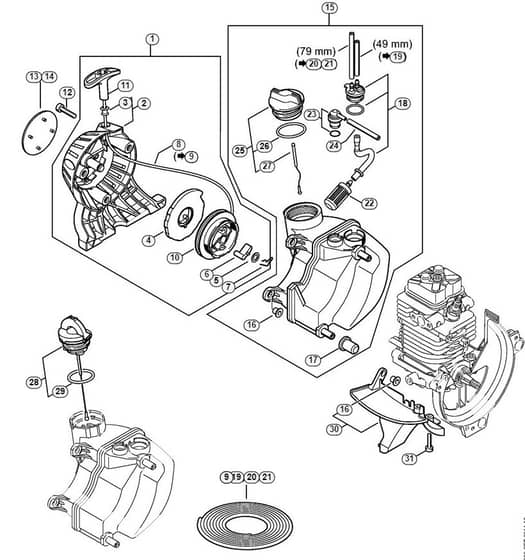 Genuine Stihl KM90 / C - Rewind starter, Fuel tank