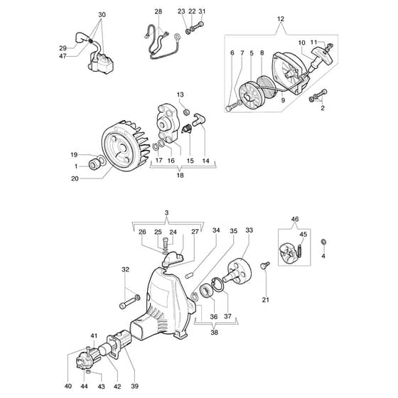 746 T - Oleo-Mac Brushcutter Starter assy and clutch Diagram
