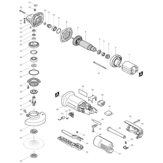Makita 9556PB - 100mm Angle Grinder - Power Tool Diagram