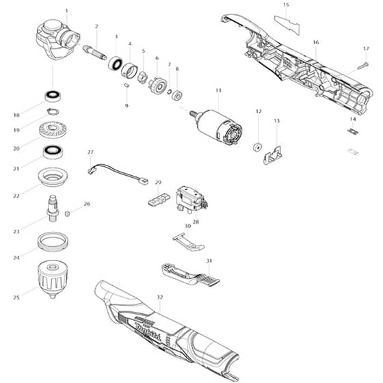 Makita DA331D - Cordless Angle Drill - Power Tool Diagram