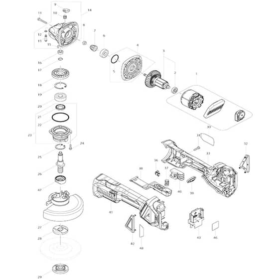 Makita DGA467 - 115mm Cordless Angle Grinder - Power Tool Diagram