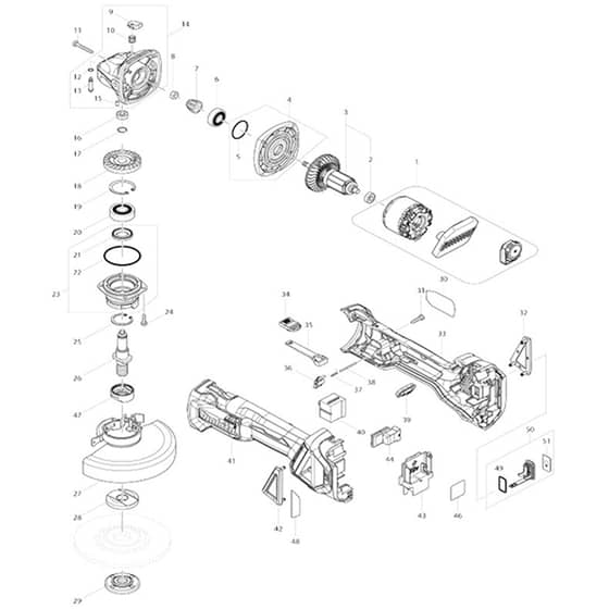 Makita DGA514 - 125mm Cordless Angle Grinder - Power Tool Diagram
