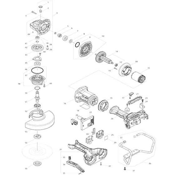 Makita DGA701 - 180mm Cordless Angle Grinder - Power Tool Diagram
