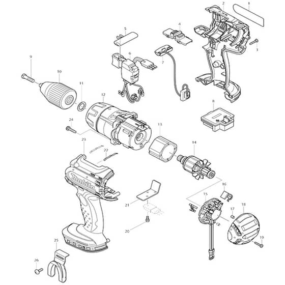 Makita DHP451 - Cordless Percussn-Driver Drill - Power Tool Diagram