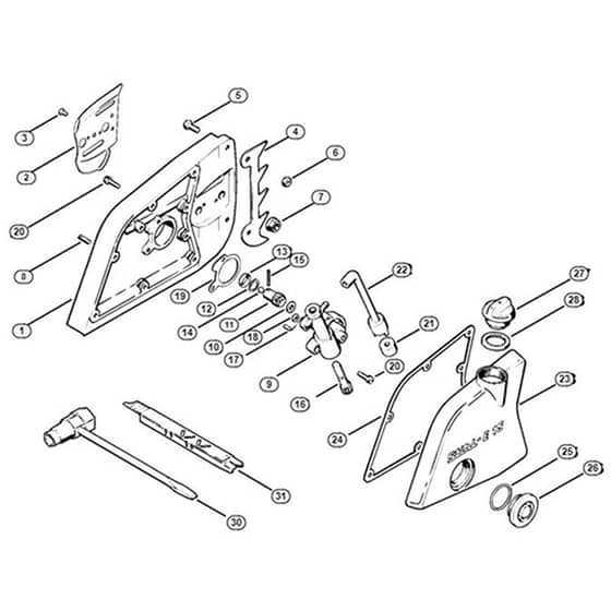 Genuine Stihl E15 / C - Chain sprocket cover, Oil pump, Tools