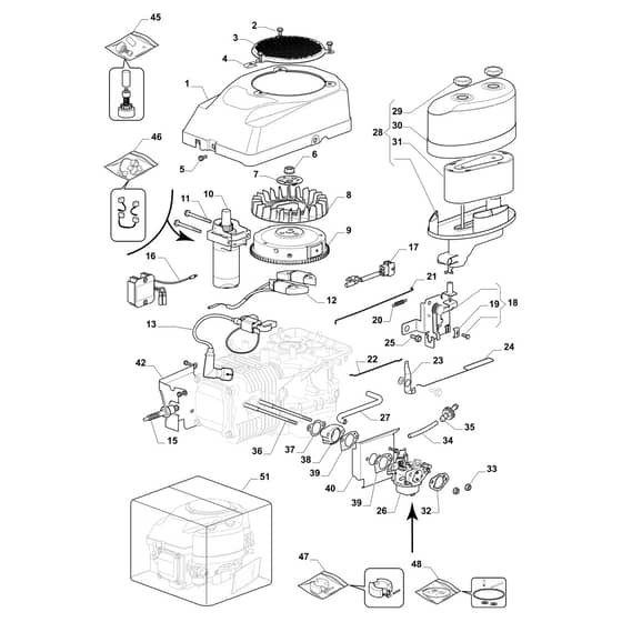 EF 84/14.5 K H - 2023 - Efco Ride On Mower Starter, carburettor and air filter Diagram