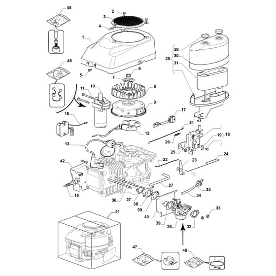 EF 98L/14.5 K H - 2018 - Efco Ride On Mower Starter, carburettor and air filter Diagram