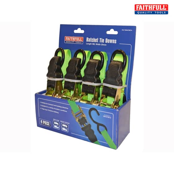 Ratchet Tie-Downs 5m x 25mm Green 4 Piece