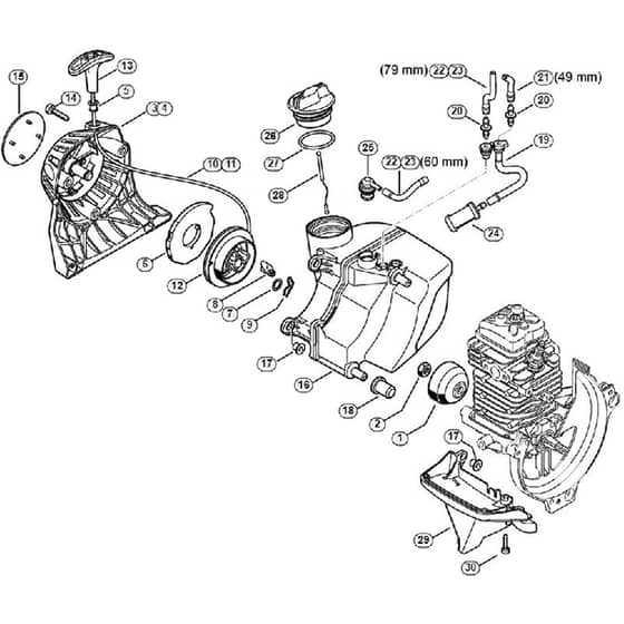 Genuine Stihl FR131 T / B - Rewind starter, Fuel tank