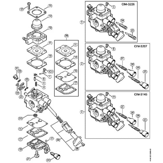 Genuine Stihl FS50 - 4144 / J - Carburetor C1M-S226, C1M-S207, C1M-S145