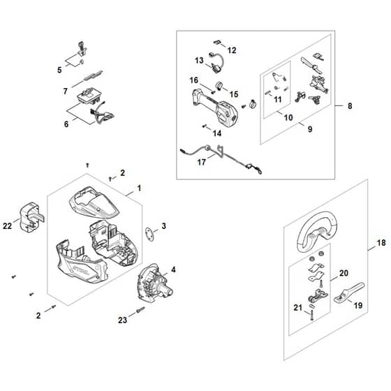 Stihl FSA80.0R - Electric Motor, Motor Housing, Control Handle - Parts Diagram