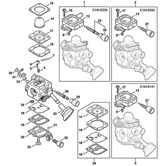 Genuine Stihl BG86 C-E - Carburettor C1M-S228, C1M-S203, C1M-S141