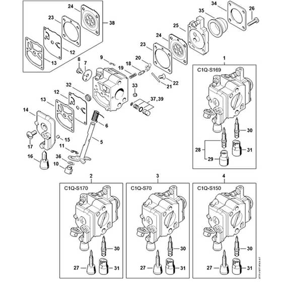 Genuine Stihl HS45 - Carburettor C1Q-S169, C1Q-S170, C1Q-S70, C1Q-S150