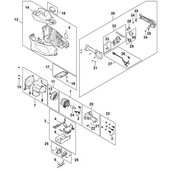 Stihl HLA135 K - Electric Motor, Motor Housing, Control Handle - Parts Diagram