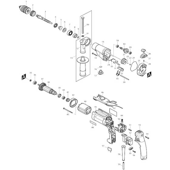 Makita HP2071 - 2-Speed Hammer Drill 20mm - Power Tool Diagram