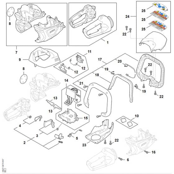 Stihl HSA100.1 - Handle Housing, Motor Housing, Electronic Module - Parts Diagram