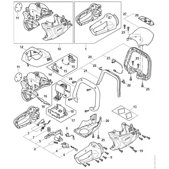Stihl HSA100 - Handle Housing, Motor Housing, Electronic Module - Parts Diagram