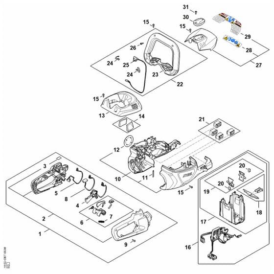 Stihl HSA140.0 R - Handle Housing, Motor Housing, Electronic Module - Parts Diagram