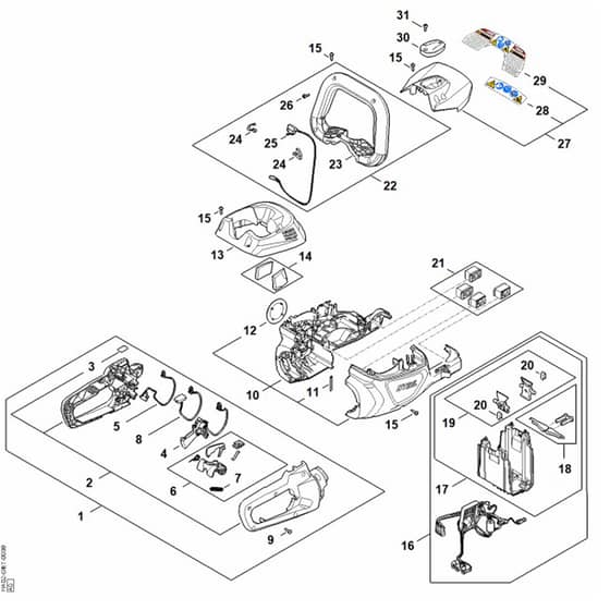 Stihl HSA140.0 T - Handle Housing, Motor Housing, Electronic Module - Parts Diagram