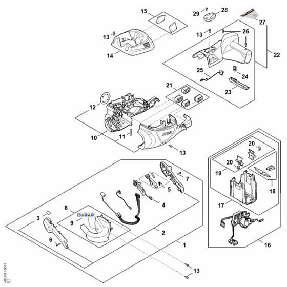 Stihl HSA150.0 T - Handle Housing, Motor Housing, Electronic Module - Parts Diagram