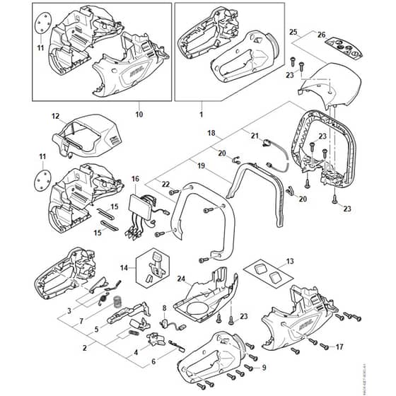 Stihl HSA60 - Handle Housing, Motor Housing, Electronic Module - Parts Diagram