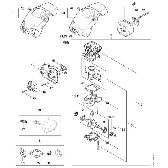 Stihl MS162 - Crankcase - Cylinder - Muffler - Shroud - Parts Diagram
