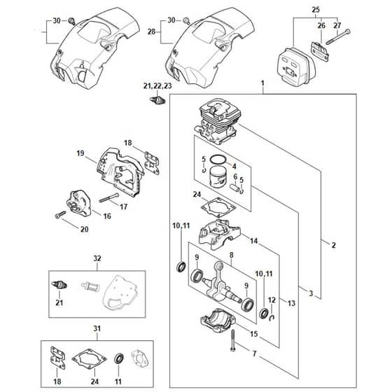 Stihl MS172 - Crankcase - Cylinder - Muffler - Shroud - Parts Diagram