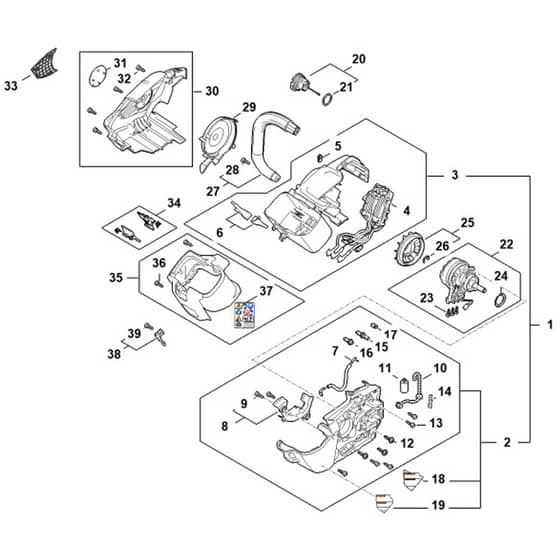 Stihl MSA190.0 T - Electric Motor, Electronic Module, Handle Housing - Parts Diagram