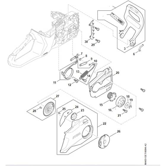 Stihl MSA200.0 C-B - Hand Guard, Chain Brake, Chain Tensioner - Parts Diagram
