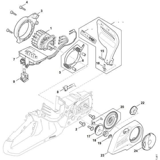 Stihl MSA60.0 C-B - Electric Motor - Electronic Module - Chain Sprocket Cover - Parts Diagram