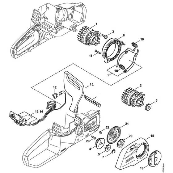 Stihl MSA120 C-B - Electric Motor - Electronic Module - Chain Sprocket Cover - Parts Diagram