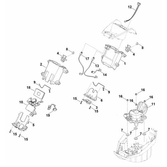 Stihl MVP 600.1 V - Battery Bracket, Electronics, Motor - Parts Diagram