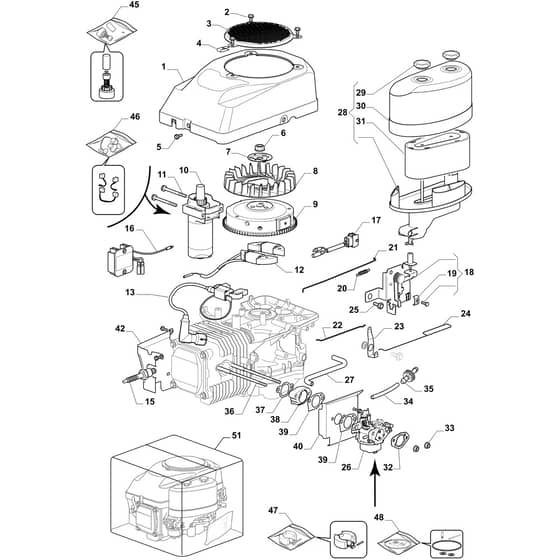 OM 98L/14.5 K H - 2018 - Oleo-Mac Ride On Mower Starter, carburettor and air filter Diagram