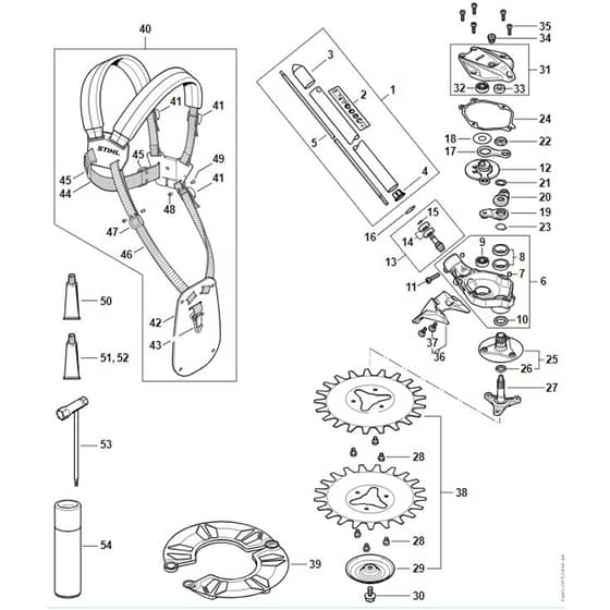 Stihl RGA140 - Drive Tube Assembly, Gear Head, Deflector - Parts Diagram