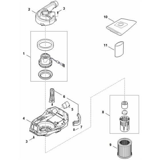 Stihl SEA100.0 L - Motor Housing, Electric Motor, Filter - Parts Diagram