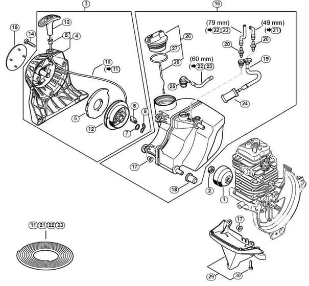 Genuine Stihl KM111 R / B - Rewind starter, Fuel tank