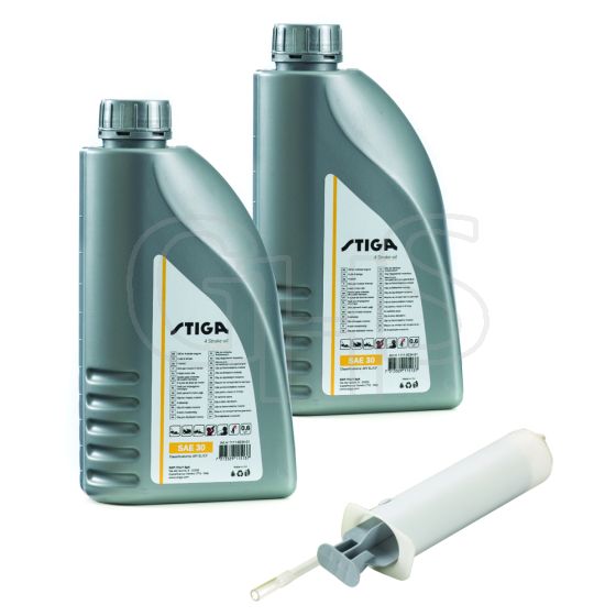 Genuine Mountfield Stiga SAE30 Oil Kit (2 Bottles, 1 Pump) - 1111-9178-01