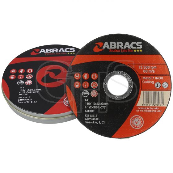 Genuine Abracs Extra Thin 1mm Cutting Discs, 115mm x 22mm. Pack of 10