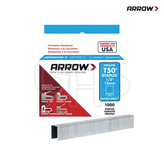 Arrow T50 Staples Stainless Steel 508SS 12mm (1/2in) Box 1000 - A508SS1