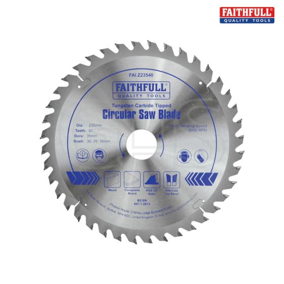 Faithfull Circular Saw Blade TCT 235 x 16/20/30/35mm x 40T Fine Cross Cut - FAIX23540