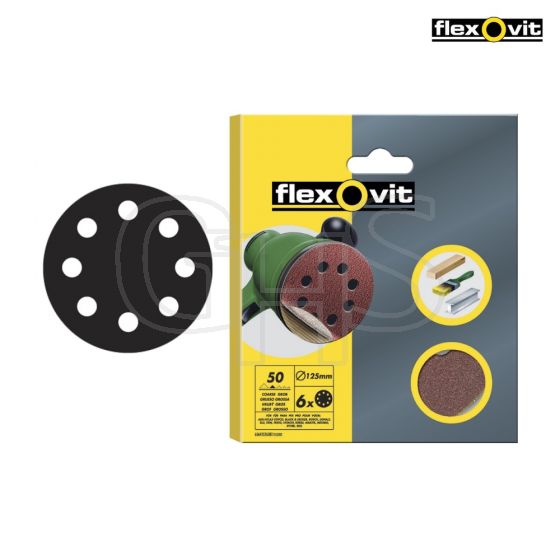 Flexovit Hook & Loop Sanding Discs 125mm Medium 80g (Pack of 6) - 63642526390