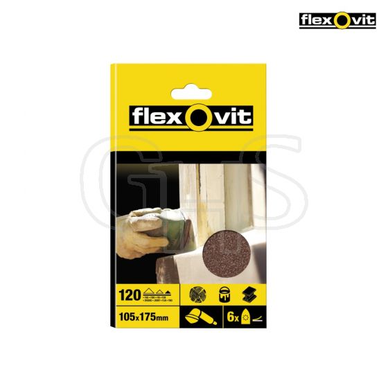 Flexovit Detail Hook & Loop Sanding Sheets 105 x 175mm Fine 120g (6) - 63642526405
