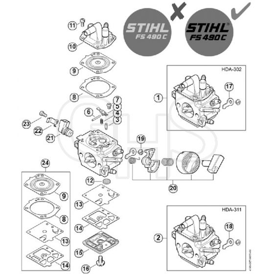 Genuine Stihl FS490 C-EM L / G - Carburetor HDA-302, HDA-311