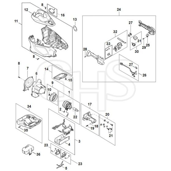 Stihl HTA135 - Electric Motor, Motor Housing, Control Handle - Parts Diagram