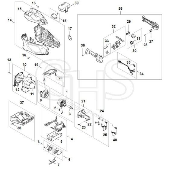 Stihl HTA150.0 - Electric Motor, Motor Housing, Control Handle - Parts Diagram