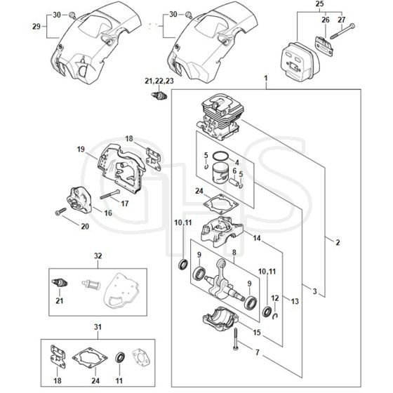 Stihl MS162 C-BE - Crankcase - Cylinder - Muffler - Shroud - Parts Diagram