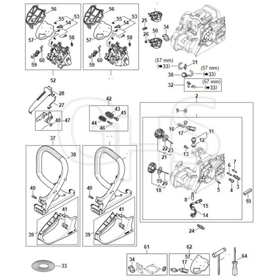 Stihl MS162 C-BE - Engine Housing - Air Filter - Av System - Handlebar - Parts Diagram