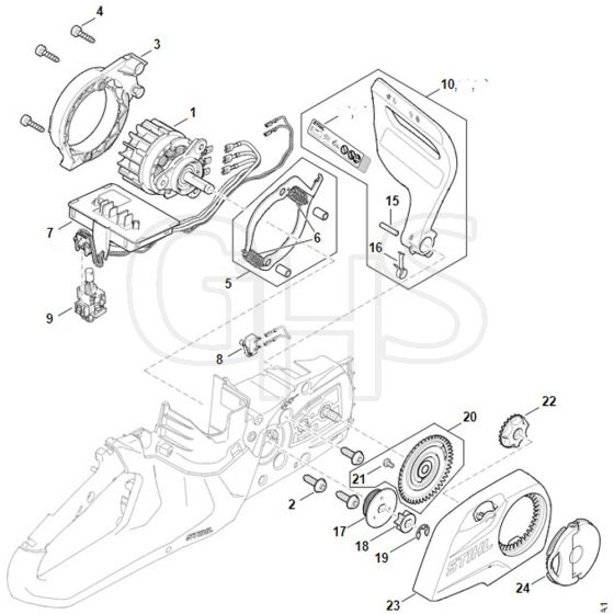 Stihl MSA70.0 C-B - Electric Motor - Electronic Module - Chain Sprocket Cover - Parts Diagram