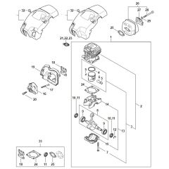 Stihl MS182 C-BE - Crankcase - Cylinder - Muffler - Shroud - Parts Diagram